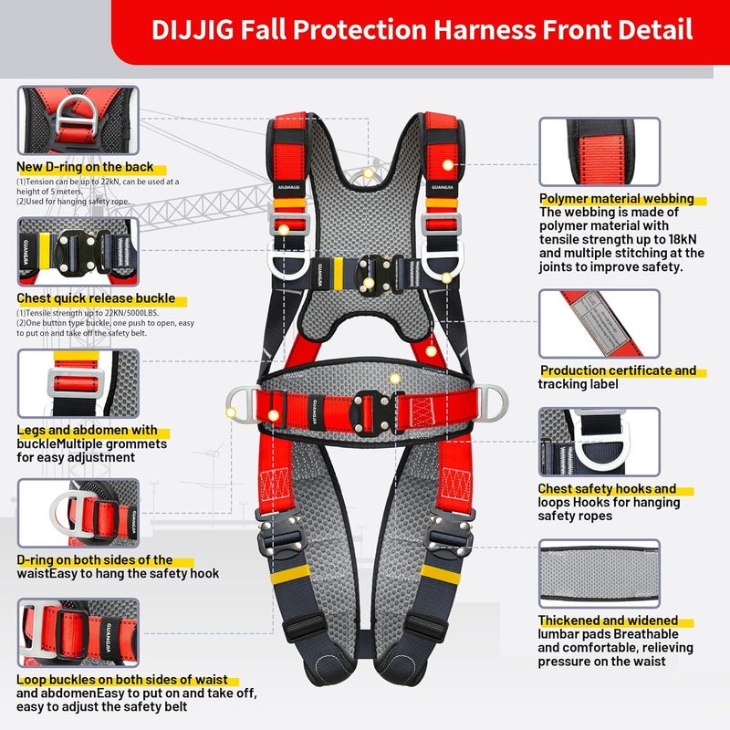 DIJJIG Fall Protection Safety Full Body Harness 5pt Adjustment Safe Comfortable Construction Positioning Harness Extra Long Thick Leg Back Padded Push-Button Quick-Lock Buckles OSHA and ANSI compliant - Image 4